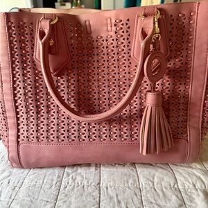 Steve Madden Rose Pink Laser-Cut Hobo Tote with Tassel Charm